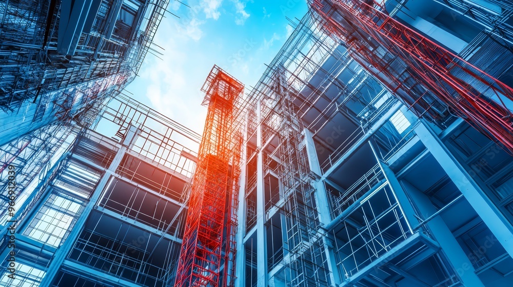 Poster modern building under construction with scaffolding