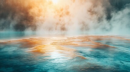 Obraz premium Misty Sunrise over a Turquoise Thermal Pool