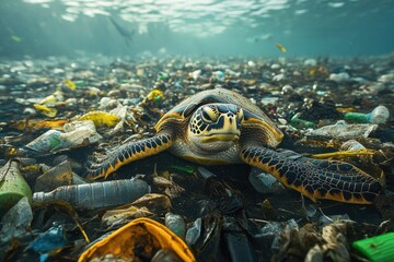 Fototapeta premium Sea Turtle Among Ocean Floor Covered in Plastic Waste