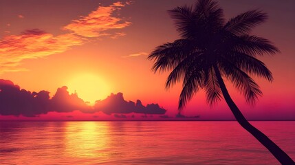 Obraz premium Silhouette of a palm tree against a dramatic sunset over a tropical beach