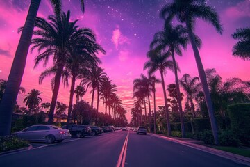 Naklejka premium This image features a view from the driverâ€™s perspective on a Beverly hills road lined with tall palm trees under an extraordinarily vibrant and surreal sky. with generative ai