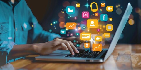 Creative Designer Working on Online Advertisement with Digital and Social Media Icons on Laptop Screen