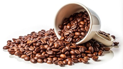 Spilled coffee beans from cup on white background, Extreme Close-Up
