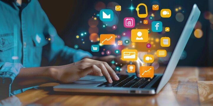 Creative Designer Working on Online Advertisement with Digital and Social Media Icons on Laptop Screen