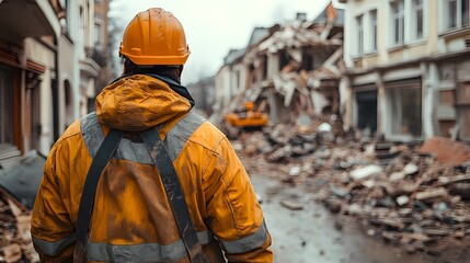 Obraz premium A civil engineer inspecting a damaged building after an earthquake, documenting cracks and structural damage. Rubble and debris surround the site, with a somber atmosphere as repairs are assessed