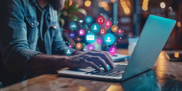 A man works with a laptop close up view of the display screen showing icons for internet, finance, email, social media