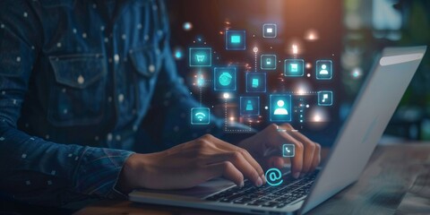 A man works with a laptop close up view of the display screen showing icons of connections between people, integration between users, connectedness of workers