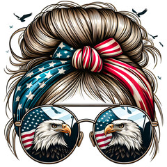 The reflective sunglasses show a parade scene, giving the design a lively, festive feel that is perfect for Independence Day celebrations. The t-shirt design vector art illustration image.
