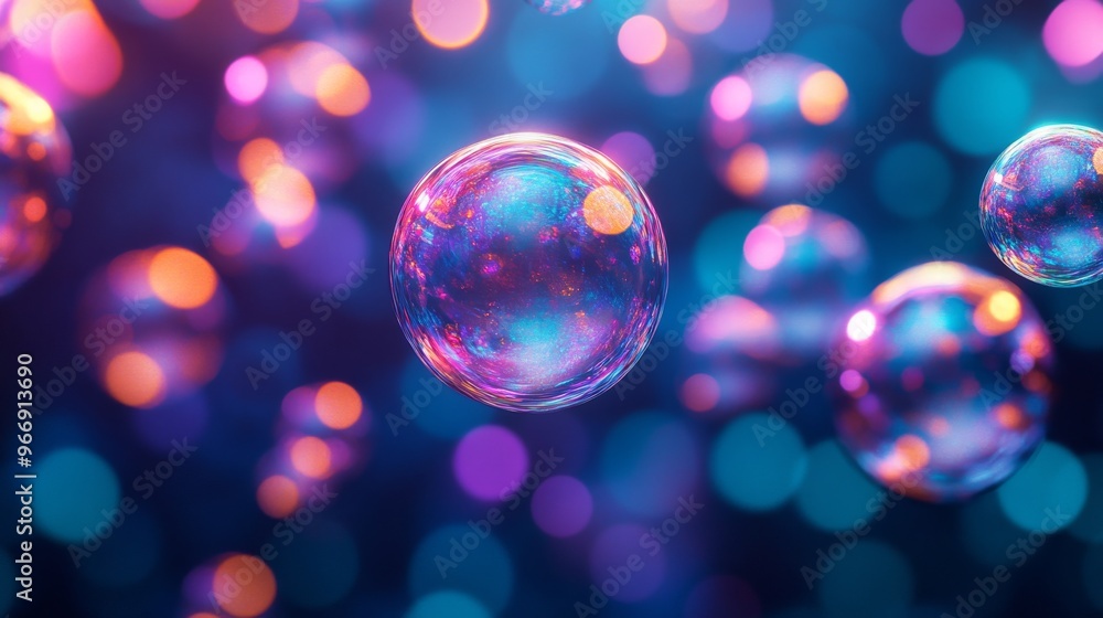 Poster a single holographic bubble with a colorful bokeh background