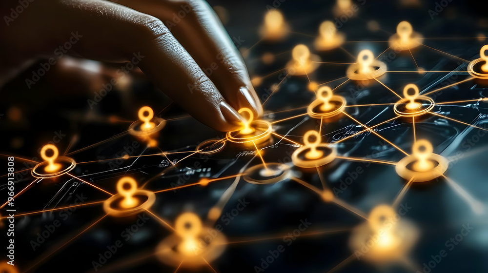 Poster a hand interacts with a digital network of interconnected nodes, symbolizing connectivity.
