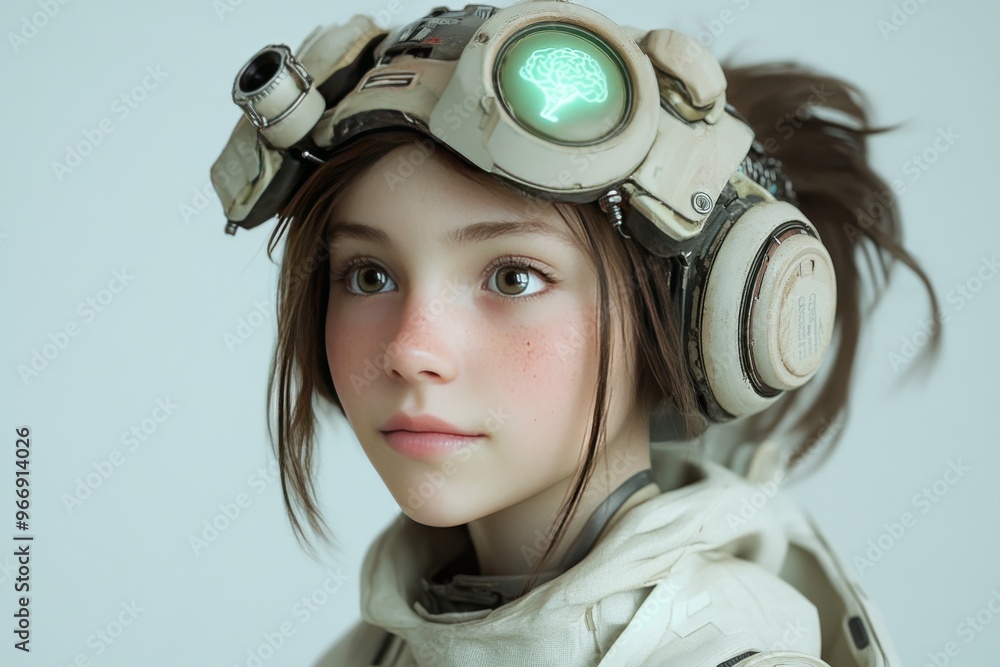 Poster cybernetic entropy and coding young girl in a futuristic pilot helmet representing youth exploring t