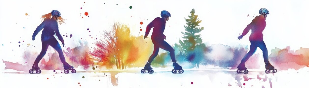 Watercolor Painting of Inline Skating  People