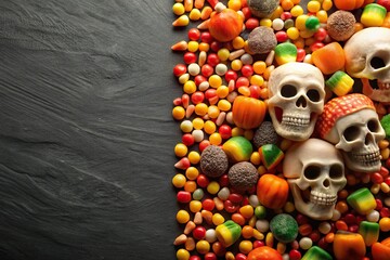 Spooky Halloween background with candies and skulls tilted angle