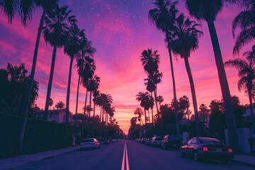 Naklejka premium This image features a view from the driverâ€™s perspective on a Beverly hills road lined with tall palm trees under an extraordinarily vibrant and surreal sky. with generative ai