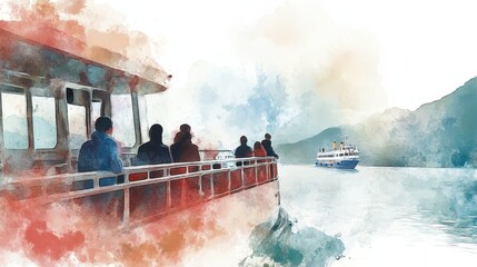 Watercolor Painting of Passengers on a Ferry Boat with Mountains in Background