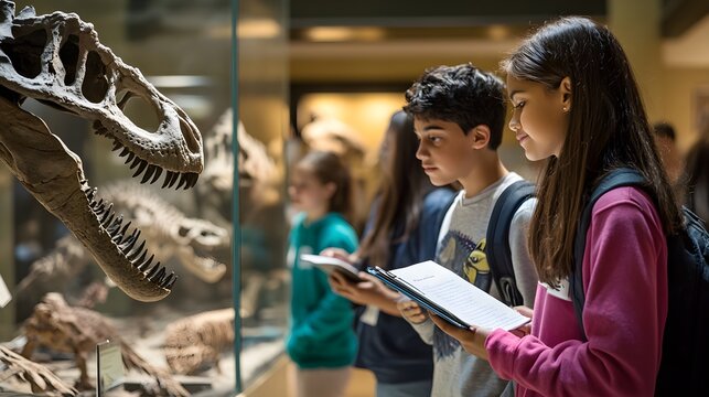 Students exploring a museum, looking at dinosaur fossils and historical artifacts while taking notes