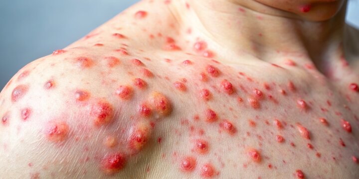 A painful, itchy red rash covers the skin, hallmark of the contagious chickenpox disease, characterized by small, fluid-filled blisters and a feverish, scratchy sensation.