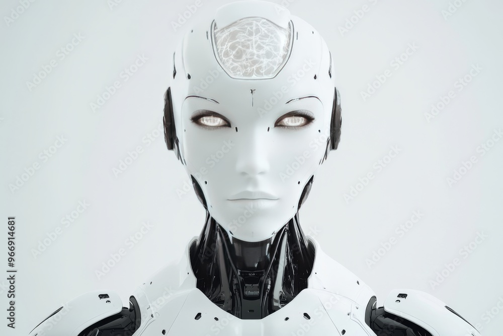 Poster ai neuron and quantum white humanoid robot with futuristic face design symbolizing the future of ai 