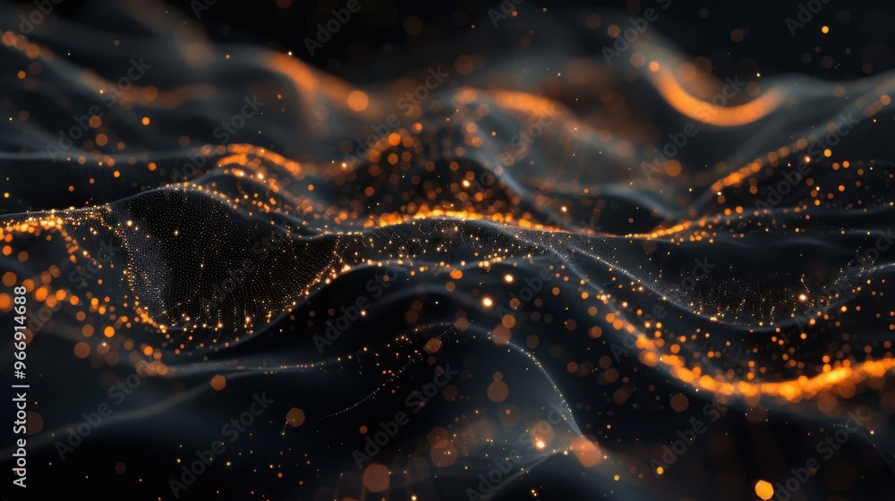 Poster particle connection network - stock photo digital generated image of glow fiber splines making turbu