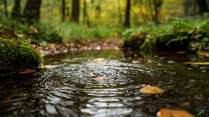 Fototapeta premium Rain Falling on a Creek in an Autumn Forest