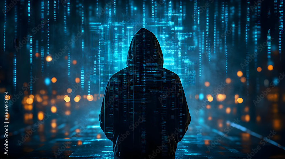 Poster a hooded figure stands in a digital environment, surrounded by blue binary code and lights.