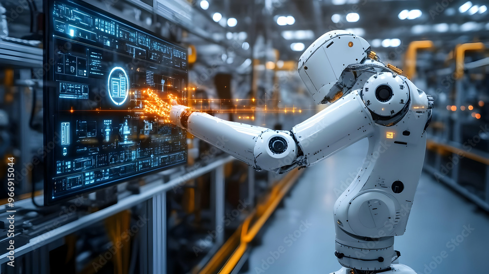 Poster a humanoid robot interacts with a digital interface in a futuristic industrial setting.