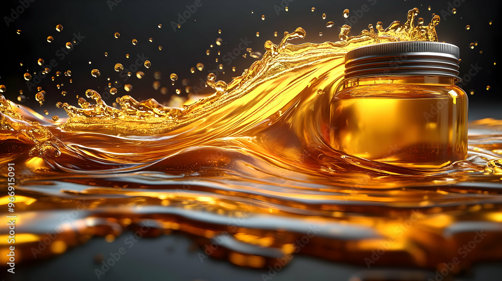 Poster a jar surrounded by a golden liquid, creating a dynamic splash effect.