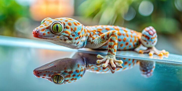 Spotted lizard Toki gecko crawling on glass