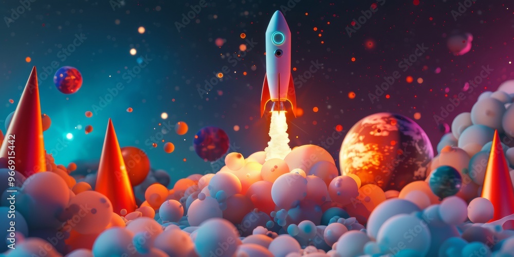 Poster abstract rocket launch. digital spaceship flying up