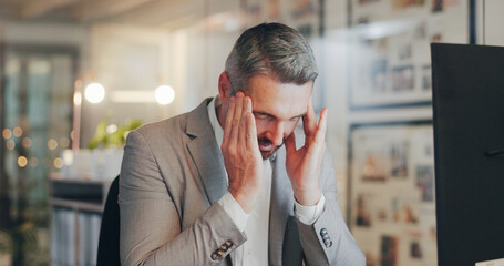 Stress, headache and mature man in office with computer, night work and frustrated with time...