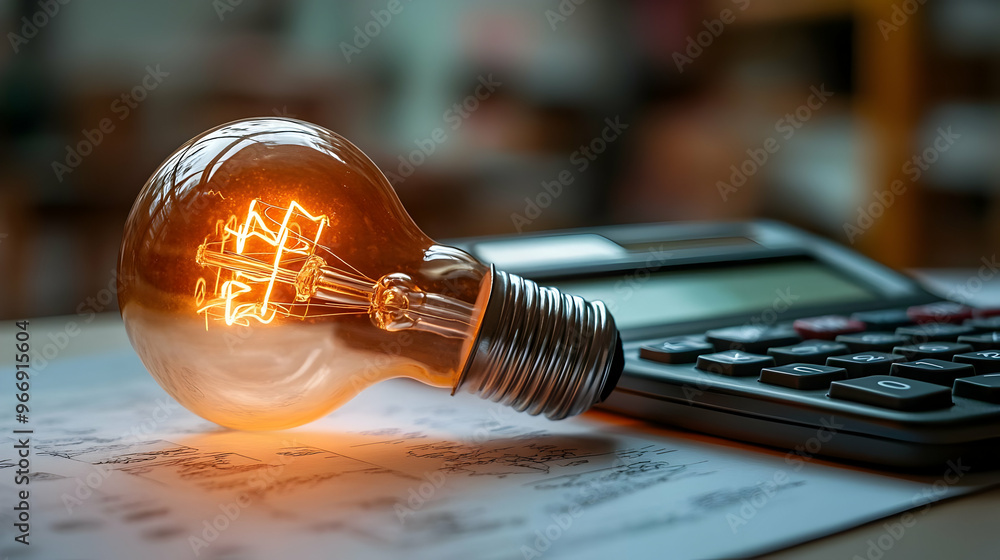 Poster a light bulb and calculator on a document, symbolizing ideas and calculations.