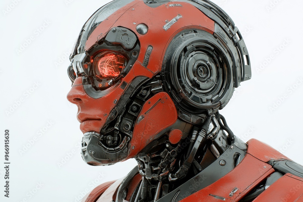 Poster automation automation and holographic red mechanical cyborg head symbolizing brain enhancement and t