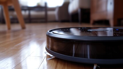 Obraz premium A close-up of a robotic floor wheels moving across a hardwood floor, capturing dust and debris
