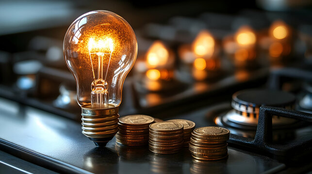 A light bulb next to stacked coins on a gas stove, symbolizing energy costs and savings.