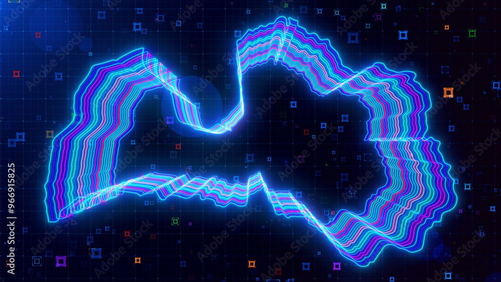 Poster a vibrant digital artwork of latvia map outlined with neon lines, set against a futuristic grid back