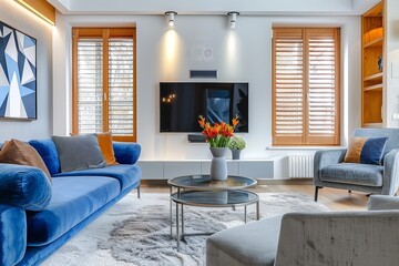 Bright Modern Living Room with White Walls, Grey Floor, Blue Sofa, Silver Table, Gray Armchair, and Geometric Painting