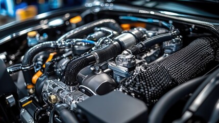 A close-up of a sports engine, with visible pistons, hoses, and components, showcasing power and performance