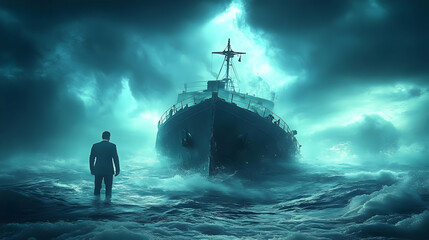Fototapeta premium A lone figure stands in water, facing a large ship amidst dramatic, stormy skies.