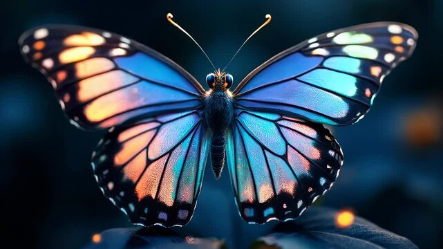 Iridescent butterfly with vibrant blue, pink wings against dark background. Delicate antennae, compound eyes visible. Dreamlike atmosphere with soft, shimmering light effects surrounding the insect.	