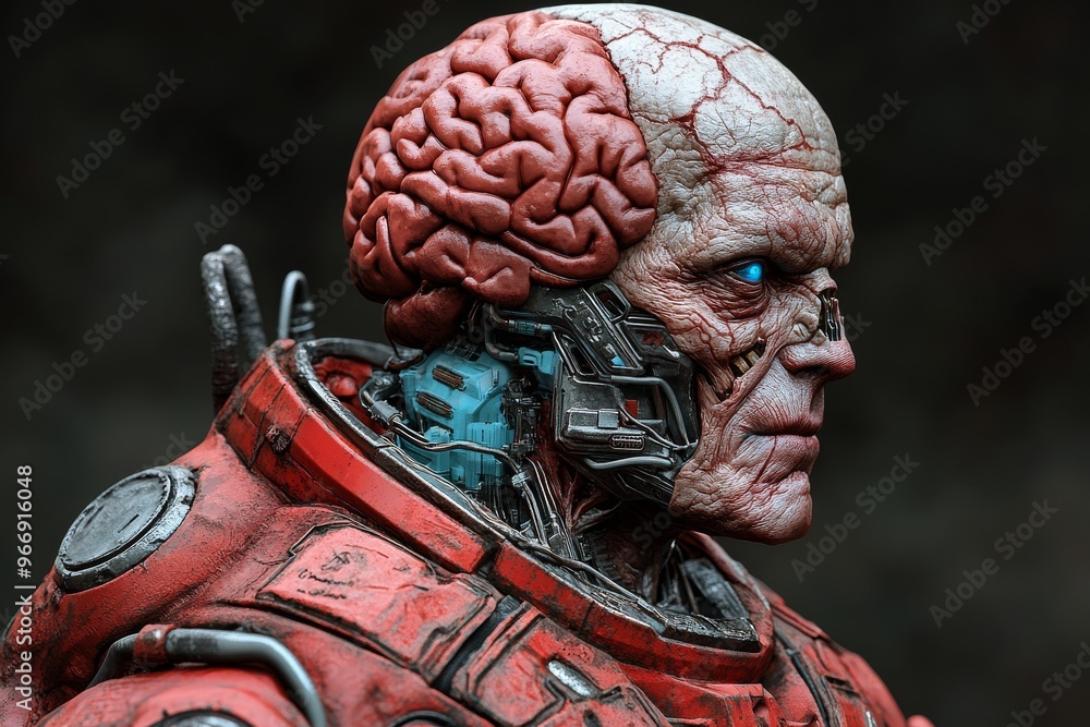 Poster cyberpunk transhumanism and ai humanoid cyborg with exposed brain representing neural augmentation a