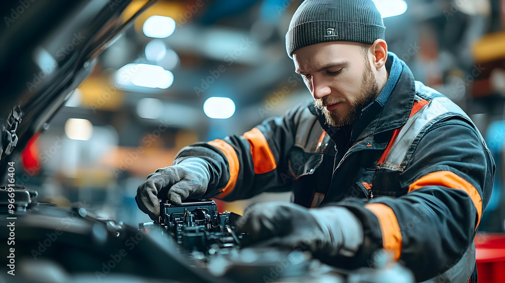 Poster a mechanic working on a car engine in a workshop.