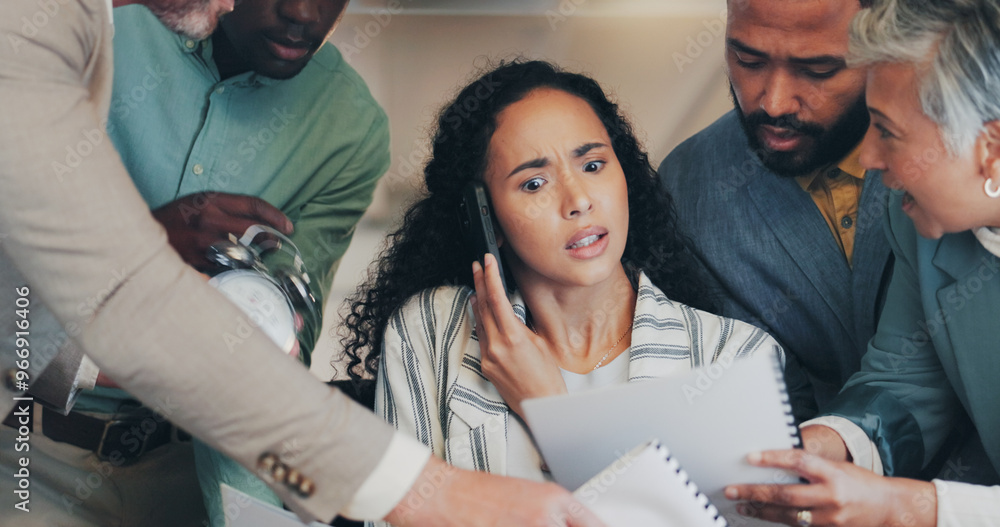 Canvas Prints Frustrated, business woman and phone call with overload or demanding team in chaos at office. Female person, employees or group with documents in stress, anxiety or overwhelming pressure at workplace