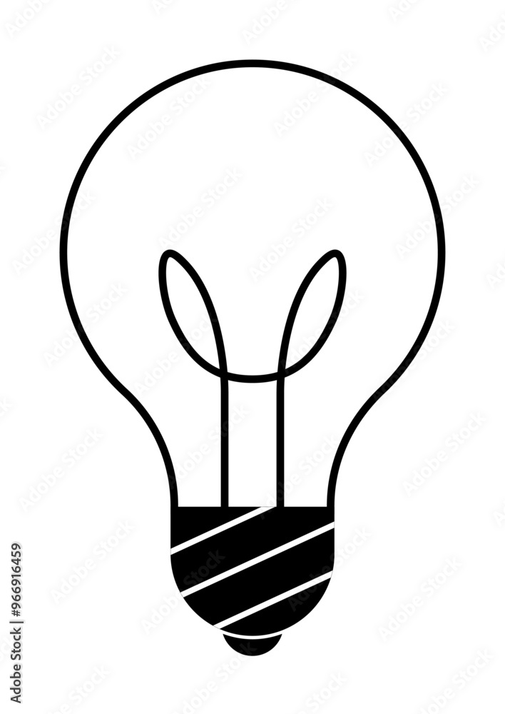 Poster simple outline of a light bulb in black and white. it has a visible filament and a base with diagona