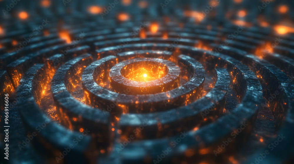 Poster a mesmerizing labyrinth of glowing circular patterns with a central fiery core.