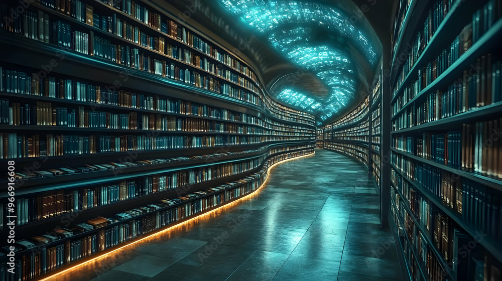 Poster a mesmerizing library with illuminated shelves and a winding path.