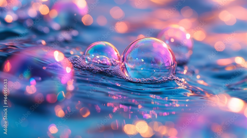 Poster two iridescent bubbles floating on a shimmering blue water surface with blurred bokeh lights.