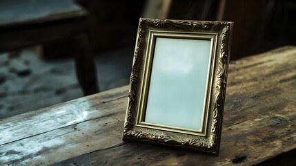 Vintage photo frame on wooden table