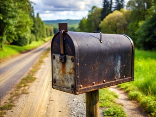 A black mailbox stands discreetly on a rural road, its rusty hinges and worn numbers a testament to years of faithful service