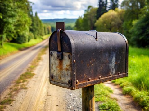 A black mailbox stands discreetly on a rural road, its rusty hinges and worn numbers a testament to years of faithful service