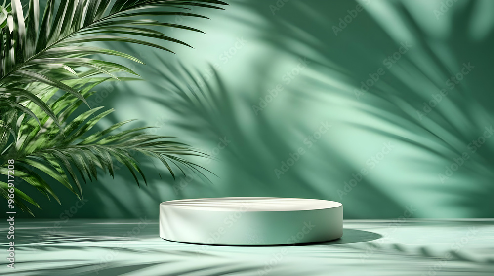 Aufkleber a minimalist display with a circular platform and leafy shadows on a green background.